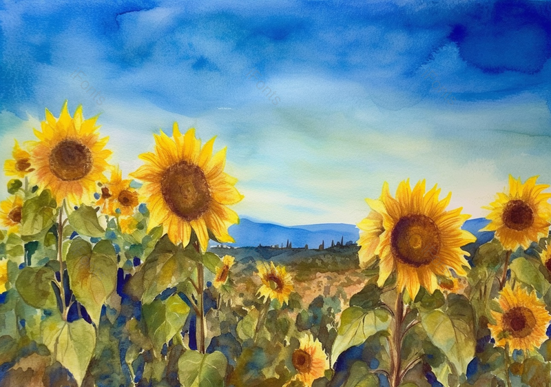 夏日黄色农作物向日葵花田盛开天气晴朗水彩背景,插画/手绘图,插画/手绘图库,插画/手绘图下载,插画/手绘